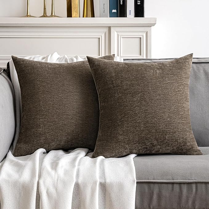 MIULEE Pack of 2 Brown Decorative Pillow Covers 18x18 Inch Soft Chenille Couch Throw Pillows Farmhouse Cushion Covers for Home Decor Sofa Bedroom Living Room