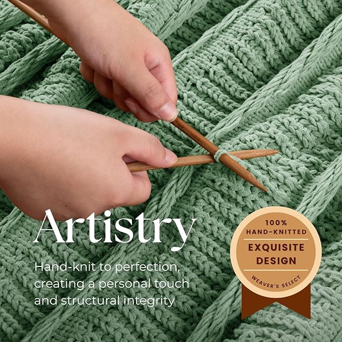 Boho Knitted Chenille Blanket with Tassels - Lightweight & Soft All-Season Throw - 3D Classic Pattern for Living Room Bedroom Couch, Sage Green, King 90"x108"