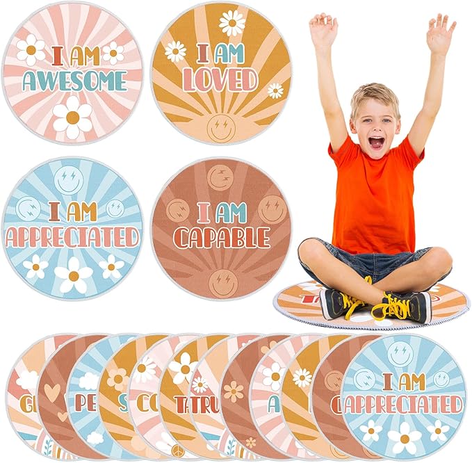 Tinideya 12 Pcs Kids Carpet Circle Seats for Class 16 Inch Round Classroom Rug Floor Cushions Soft First Day of School Educational Mat Non Slip Back to School Learning Playing Areas(Motivational)