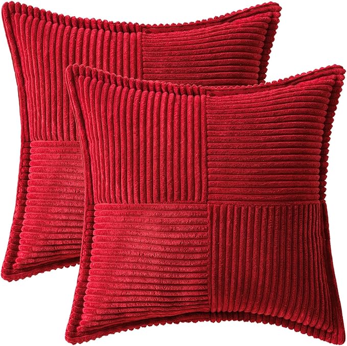 MIULEE Decorative Euro Sham Throw Pillow Covers for Couch Bed Livingroom 26x26 Inch Set of 2 Red Boho Accent Throw Pllows Broadside Striped Patchwork Soft Corduroy Pillowcases