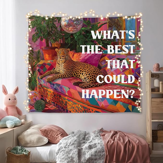 Vintage Wall Tapestry-What’s the Best That Could HappenPreppy Leopard Tapestry, Soft Flannel Wall Hanging Decor for Teen Girls Room,Inspirational Banner for Bedroom Dorm Decoration 59x51Inch(Colorful-Leopard)