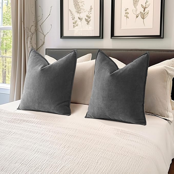 MIULEE Pack of 2 Dark Grey Decorative Pillow Covers 16x16 Inch Soft Chenille Luxurious Couch Throw Pillows Farmhouse Cushion Covers with Elegant Design for Sofa Bedroom Living Room Home Decor