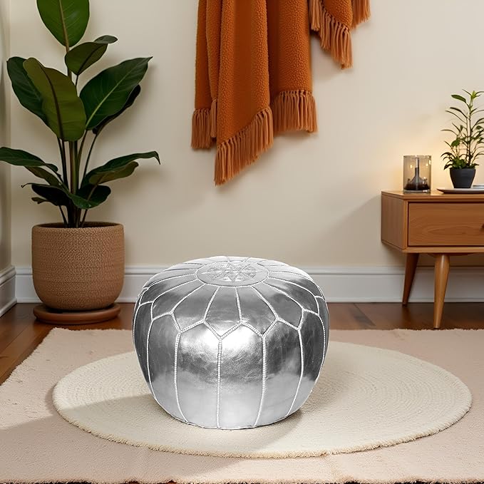 Stuffed Round Design Moroccan Faux Leather Pouf Ottoman, Handmade, Pre-Filled, 13” Height x 20” Diameter, Footstool & Living Room Décor (Metallic Silver)