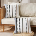 Boho Chenille Throw Pillow Covers 18x18 Inch Square Farmhouse Decorative Pillow Covers Set of 2, Beige Striped White Couch Protectors Soft Pillowcase Covers with Zipper for Sofa Bed