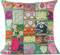 Eyes of India Decorative Patchwork Boho Throw Pillow Cover, Colorful Bohemian Cushion Case for Sofa Couch, Handmade Accent Bedroom Living Room (Dark Green, 24" x 24")