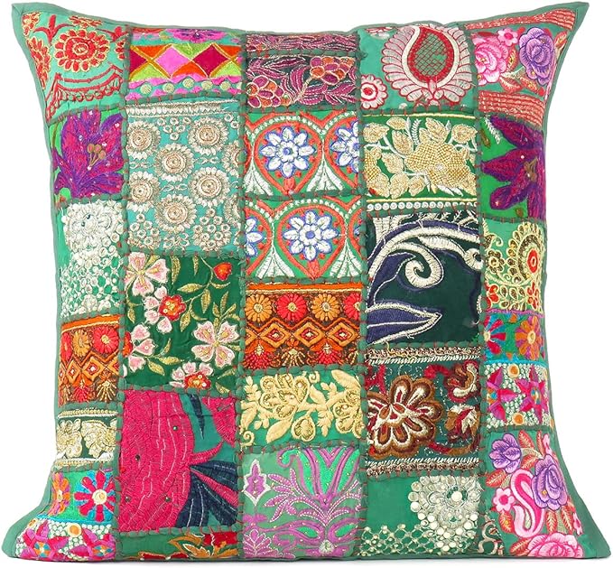 Eyes of India Decorative Patchwork Boho Throw Pillow Cover, Colorful Bohemian Cushion Case for Sofa Couch, Handmade Accent Bedroom Living Room (Dark Green, 24" x 24")
