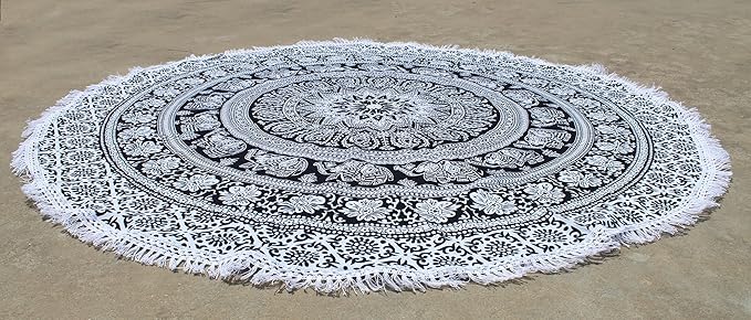 Round Beach Tapestry Turquoise Mandala Throw/Boho Hippie Beach Blanket Roundie/Indian Cotton Bohemian Large Round Table Cloth-Home Decor/Yoga Mat Meditation Picnic Rug (42", Black And WHite)