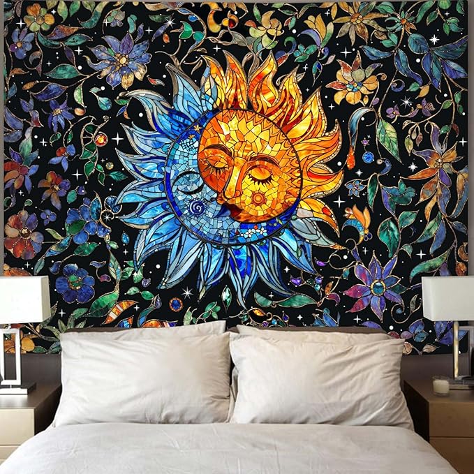 Accnicc Sun and Moon Tapestry Boho Hippie Floral Wall Tapestry for Bedroom Aesthetic Vintage Stained Glass Celestial Plant Small Tapestries Wall Hanging for Living Room Dorm 48 x 36 Inch