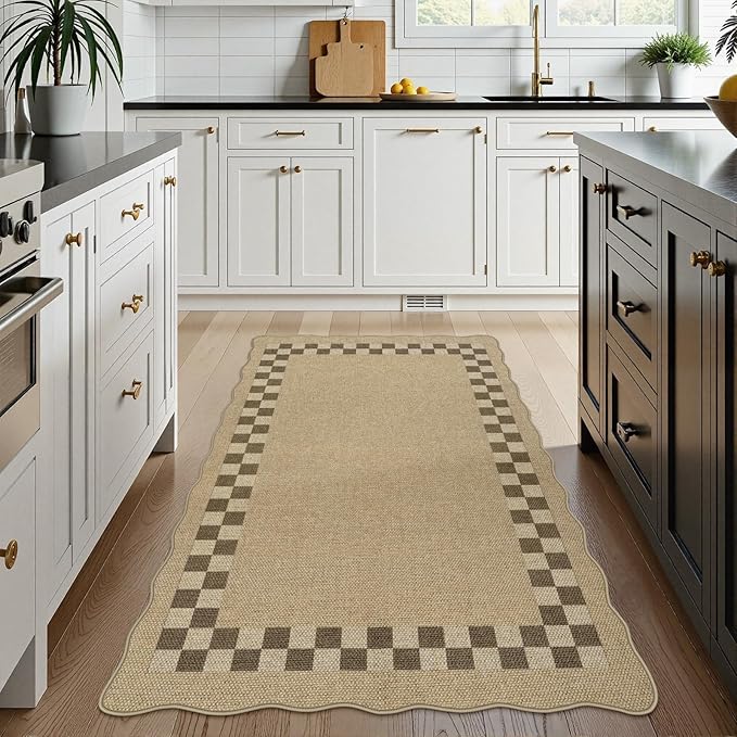LIVEBOX Scalloped Easy Jute Checkered 3x5 Outdoor Rug, Washable Non-Slip Tan Rugs for Entryway, Geometric Indoor Outdoor Rug Farmhouse Boho Carpet Door Mat for Patio Porch Bedroom Living Room Modern