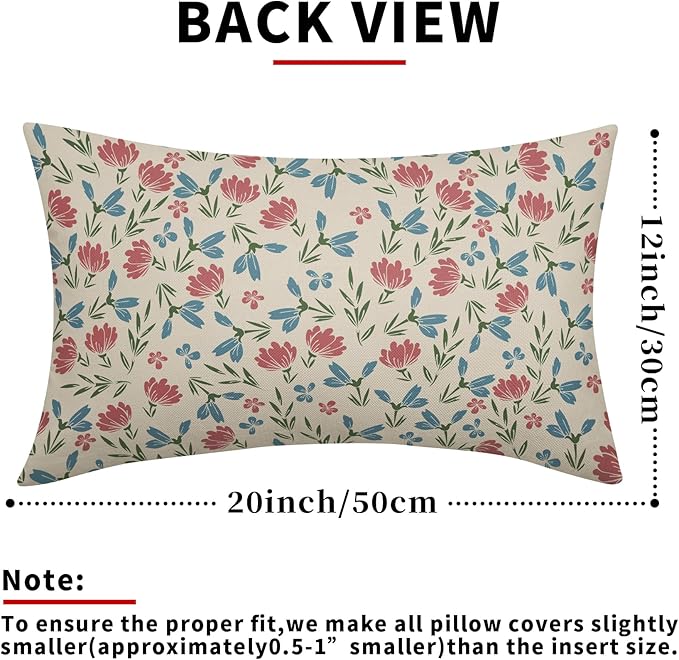 Green Pink Blue Floral Pillow Covers 12x20 Set of 2 Vintage Rustic Old Style Cute Small Flower Print Rectangle Decorative Outdoor Pillowcases Farmhouse Throw Cushion Case Decor for Couch Sofa Bed