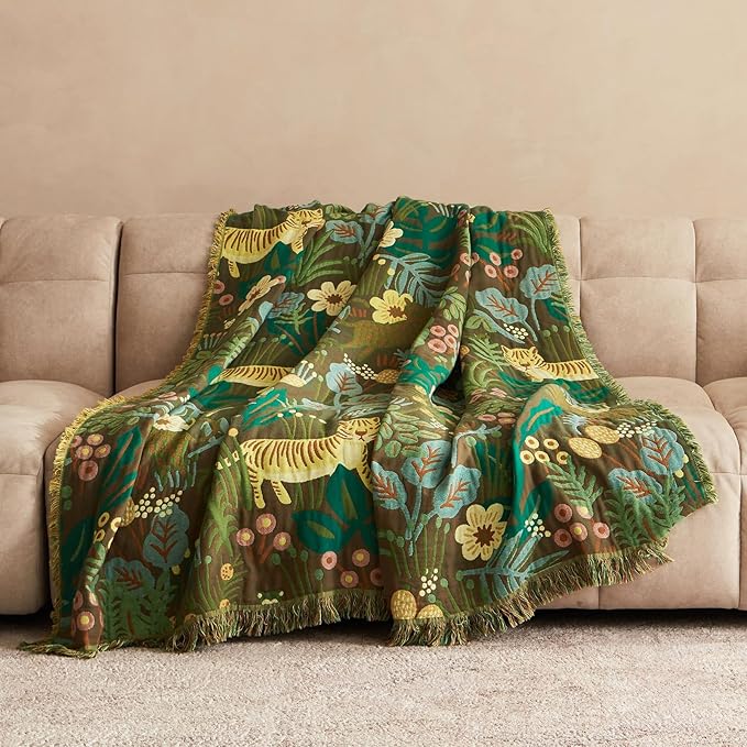 Boho Throw Blanket for Bed 100% Cotton Soft Lightweight Quilt Blanket Twin Forest Tiger Embroidery Home Decor Breathable Spring Bed Blankets,60"x80" All Season Throw for Sofa Couch Chair