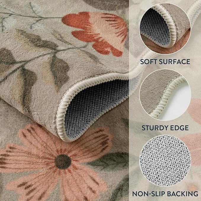 Lahome Floral Washable Rugs 8x10, Non-Slip Soft Bedroom Rug Stain Resistant, Ultra-Thin 8x10 Rugs for Living Room Boho Rug Accent Carpet for Dining Room Office Flore (8x10ft,Brown)