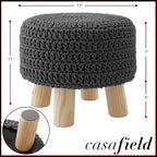 Casafield Pouf Ottoman Footstool, 13" Round x 11" High, Hand-Knitted Cotton Footrest, Non-Skid Wood Legs, Boho Foot Stool for Living Room, Bedroom (Gray)