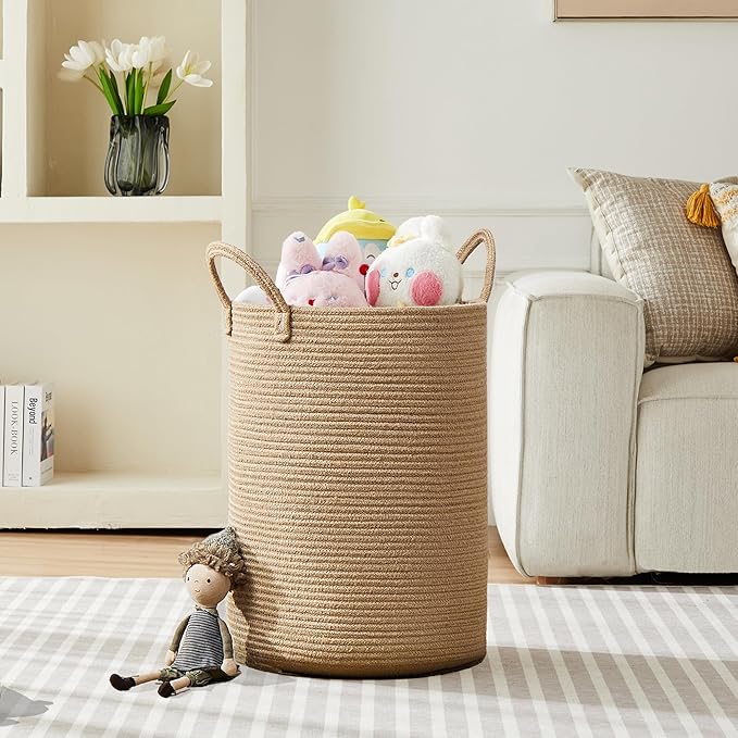 80L Extra Large Jute Woven Hamper Laundry Basket Wicker Rope Clothes Hamper for Baby Nursery Kids Tall Rattan Blanket Basket in Living Room Bedroom 16"D x 22"H