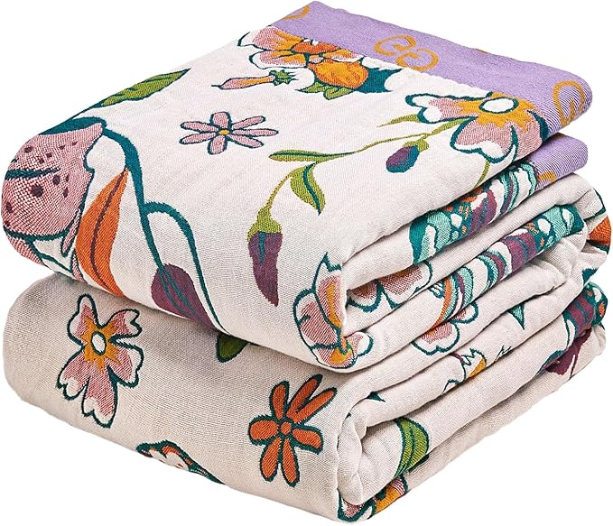 MSGKV Boho Throw Blanket 90"x90" Floral Blanket for Bed 100% Cotton Spring Breathable Lightweight Farmhouse Queen Blankets All Seasons Home Decor Muslin