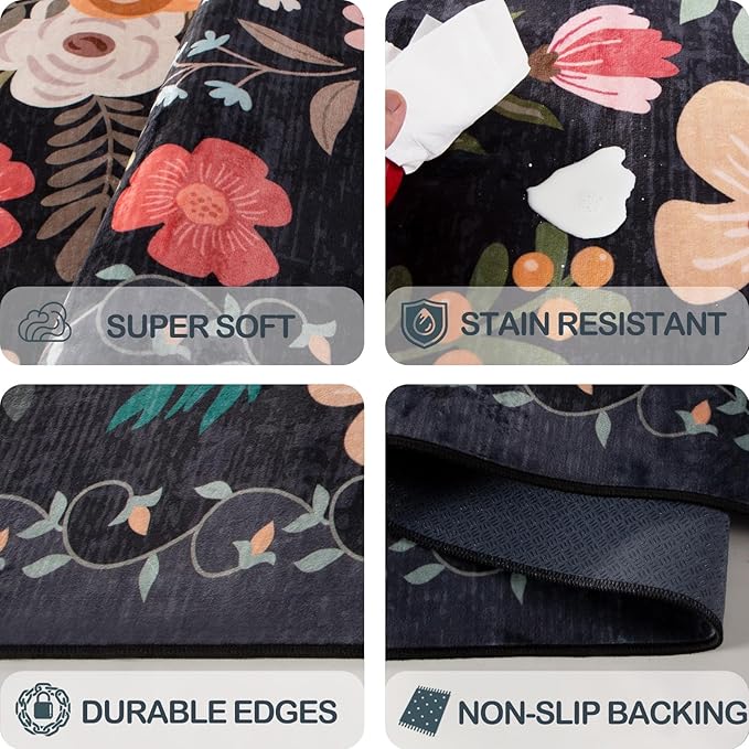 5x7 Area Rug, Floral Rugs for Living Room, Stain-Resistant Washable Bedroom Rug, Non-Slip Area Rugs for Dining Room Under Table, Indoor Carpet for Home Office (5 x 7 Black)
