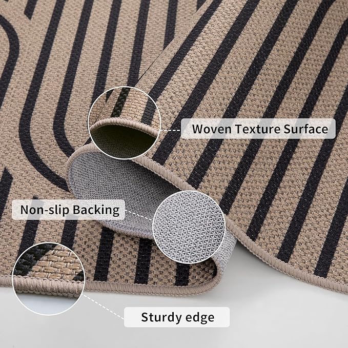 Tangsoo Easy Jute 4x6 Washable Rug for Outdoor Patio,Non-Slip Black Area Rug Thin Indoor Outdoor Carpet,Boho Farmhouse Throw Mat for Front Porch Bedroom Foyer