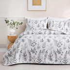 JSD Grey White Floral Quilt Set King Size, 3 Piece Printed Bedspreads Coverlet with Pillow Sham, Soft Microfiber Quilted Blanket