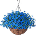HyeFlora Artificial Fake Hanging Plants Flowers with Basket Outdoor Decor Faux Silk Daisy Flower Arrangements in Pot Planter for Porch Home Indoor Patio Garden Yard Decoration, Blue