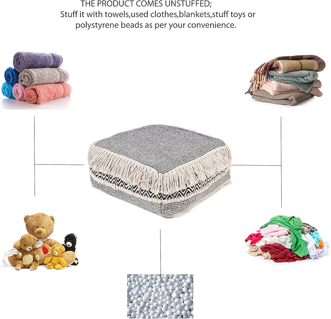 REDEARTH · UNSTUFFED Pouf Ottoman Cover Textured Storage Cube Boho Bean Bag Footrest Stool for Living Room, Bedroom,Nursery, Farmhouse, Kidsroom, Patio, Gym; 100% Cotton (20"X20"X8"; Black)