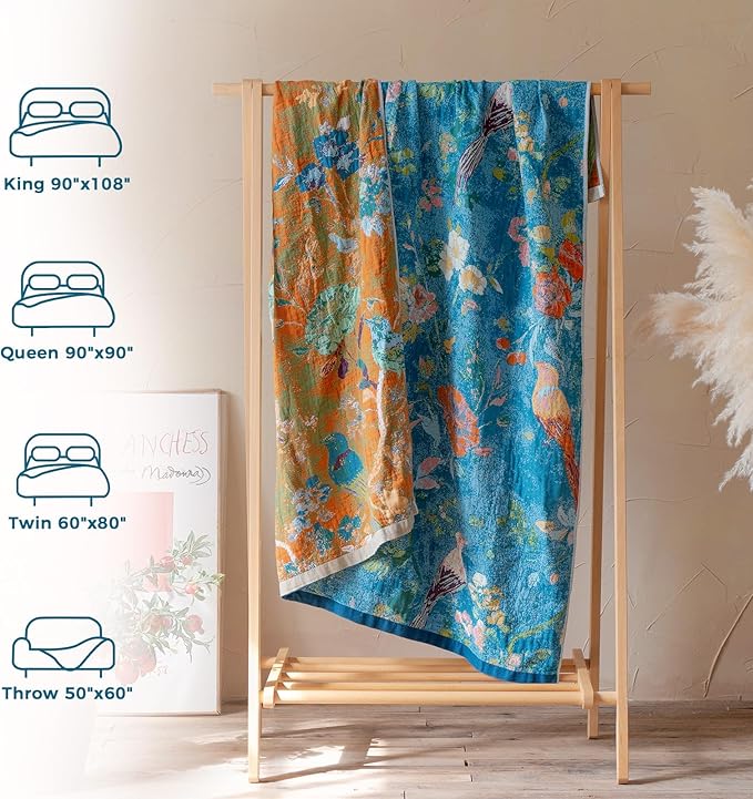 Boho Throw Blanket for Couch Sofa Chair Cotton Spring Blankets for Bedroom Living Room All Season Lightweight Reversible Floral Birds Embroidery Throws 50"x60"