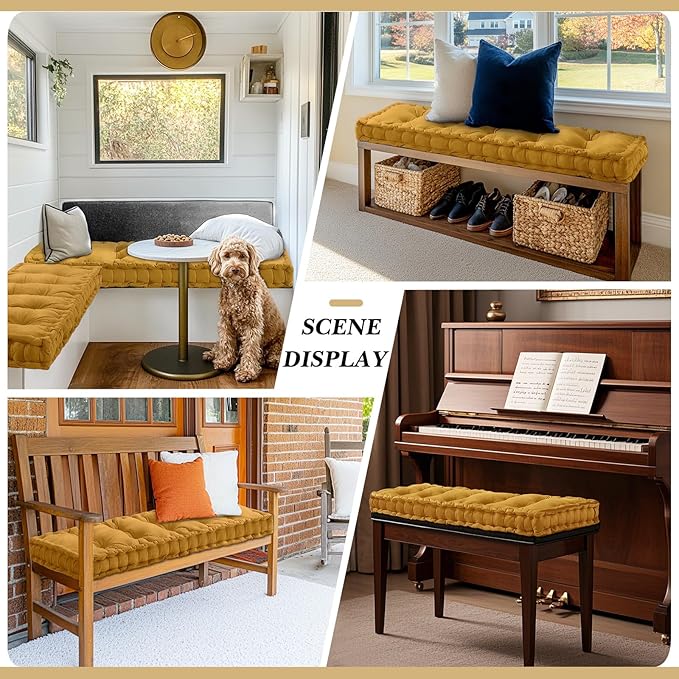 Bench Cushions for Indoor Furniture 42x16 in Velvet Kitchen Dining Piano Window Seat Cushion, Tufted Patio Porch Swing Thicken Bench Pad Memory Foam(Yellow)