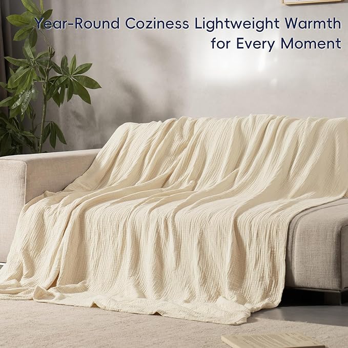 PHF 100% Cotton Muslin Blanket Queen Size 90"x90", 4-Layer Lightweight Gauze Throw, Breathable Cloud-Soft Minimalist Blanket for Bed, Couch, Camping & Baby, Beige/Short Bread, Ideal Gift