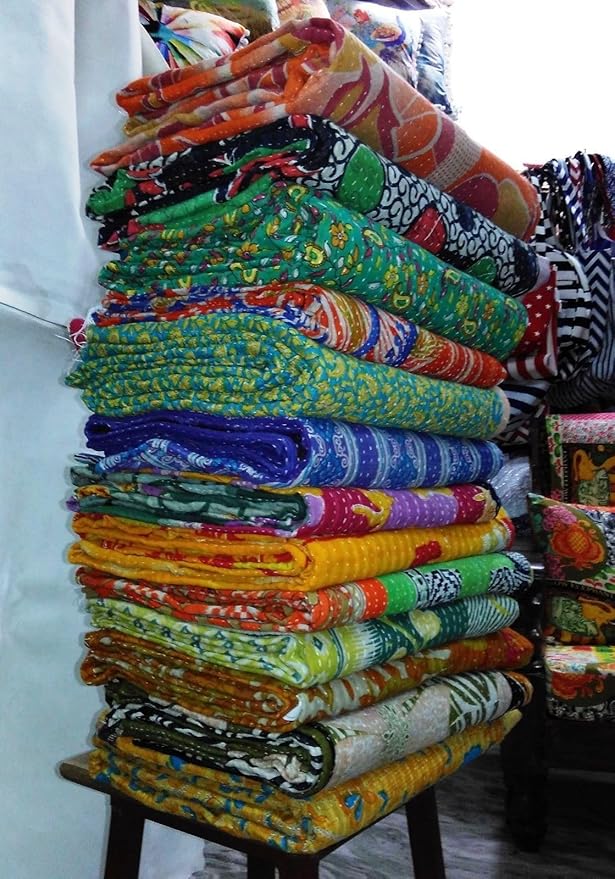 Indian Wholesale Handmade Cotton Kantha Quilts Vintage Bed Cover Throw Blanket Reversible Tribal Boho Bedding Bedspread Twin Size 54x84 Inches Multicolor Patchwork
