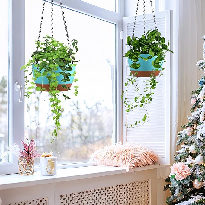 Set of 2 Hanging Planters for Indoor Outdoor Plants, 8 Inch Self-Watering Hanging Flower Pots with Drainage Hole & Removable Water-Storage Tray (Hooks)