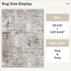 10x14 Area Rugs for Living Room, Non Slip Machine Washable Vintage Rugs, Low Pile Lightweight Large Rug for Bedroom, Dining Room, Home Office Pink/Grey