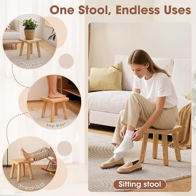 9 Inch Small Wooden Step Stool, multi-functional footstool, shoe changing stool, indoor plant stand, portable and sturdy, suitable for living room, kitchen, bedroom, bathroom (Natural wood color)