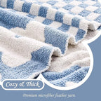 Checkered Throw Blanket, Dusty Blue Super Soft Knit Breathable Throw Blanket, Cozy Fluffy Reversible Checkerboard Flower Fuzzy Blanket for Couch Sofa Bed Living Room Decor 50 x 60 inch