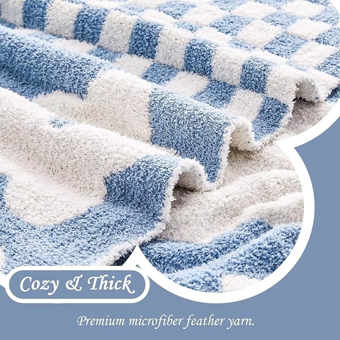 Checkered Throw Blanket, Dusty Blue Super Soft Knit Breathable Throw Blanket, Cozy Fluffy Reversible Checkerboard Flower Fuzzy Blanket for Couch Sofa Bed Living Room Decor 50 x 60 inch