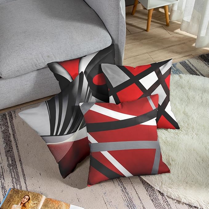 Emvency Set of 4 Throw Pillow Covers Modern Abstract Red Stripes Gray Black White Acrylic Bold Grey Decorative Pillow Cases Home Decor Square 22x22 Inches Pillowcases