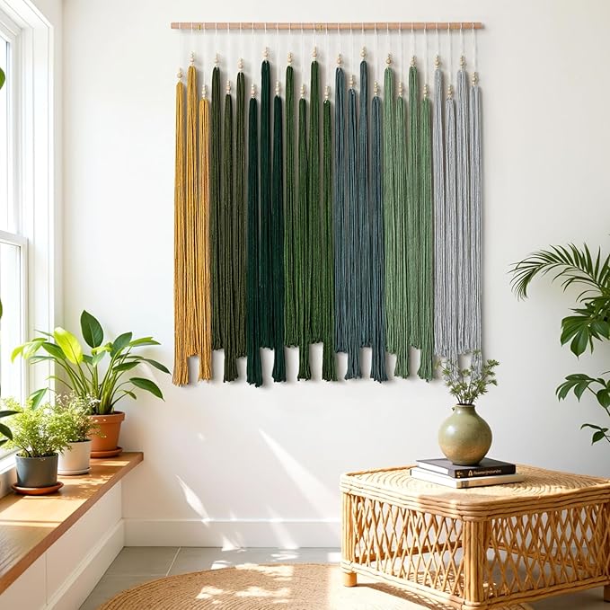 KHOYIME Macrame Wall Hanging Large Boho Home Decor Aesthetic, Bohemian Green Tassels Tapestry Modern Handmade Artwork Chic Wall Art Decorations for Living Dining Room Bedroom Nursery Office 38.5"x43"