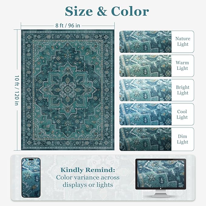 8x10 Teal Medallion Rugs for Living Room, Vintage Classic Washable Large Rug for Bedroom Under Bed, Vibrant Boho Low Pile Thin Soft Carpet Rugs for Dining Room Office