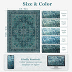 8x10 Teal Medallion Rugs for Living Room, Vintage Classic Washable Large Rug for Bedroom Under Bed, Vibrant Boho Low Pile Thin Soft Carpet Rugs for Dining Room Office
