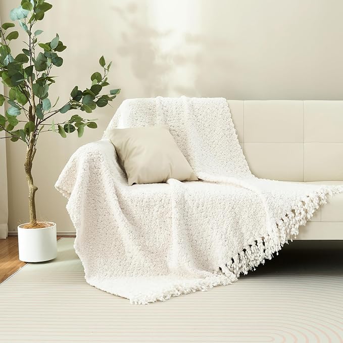 Throw Blanket for Couch, White Luxury Knitted Throws 50"x60", Textured Blankets with Handmade Fringe Tassels for Bed Sofa Decorative, Chunky Soft Farmhouse Boho Home Decor