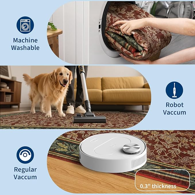 GarveeHome 5x7 Washable Area Rugs for Living Room, Boho Vintage Rug Non Slip Low Pile Stain Resistance Indoor Soft Large Throw Carpet for Bedroom Dining Room Office Red