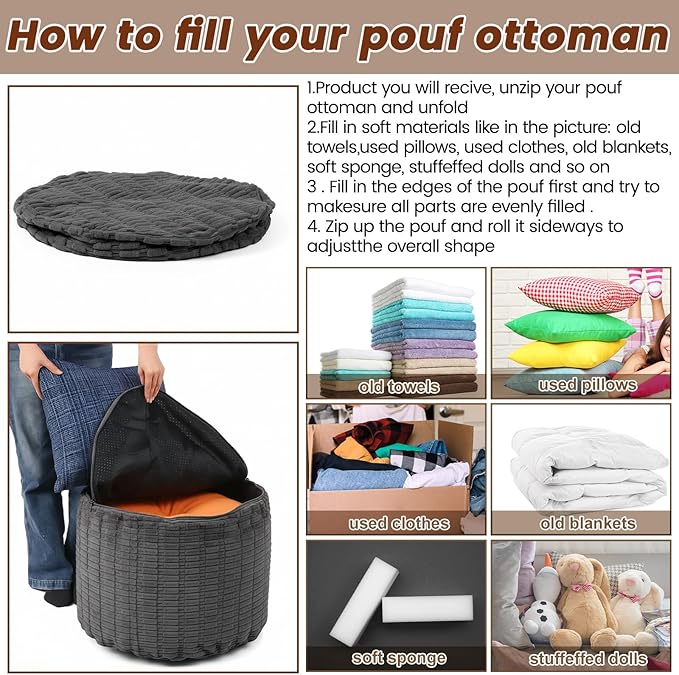 2 Pcs 20 x 15 Inch Unstuffed Ottoman Pouf Cover Corduroy Foot Rest - No Filler, Striped Foot Stool Floor Bean Bag Floor Chair Storage for Modern Farmhouse Bedroom Home Decor(Gray)