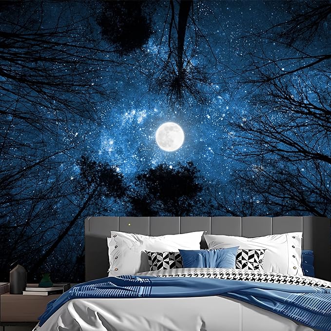 Algasan Forest Galaxy Starry Tapestry, Starry Night Sky Moon Stars Ceiling Tapestry Blue Space with Trees Nature Tapestries Wall Hanging for Bedroom Dorm Living Room (51" X 60")