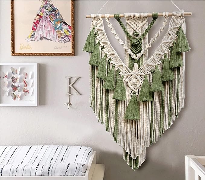 Boho Macrame Wall Hanging & Wall Decor, Cotton Handmade Tapestry with Tassel, Woven Macrame Wall Art for Decorating Bedroom Living Room Apartment Nursery (Green)
