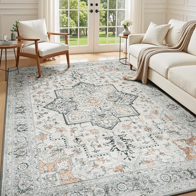 Lessymo 5x7 Area Rugs for Living Room, Washable Rug for Bedroom Kitchen Dining Room, Soft Vintage Carpet Non Slip, Large Boho Rug Low Pile for Entryway Dorm Nursery Kids Room Bedside, Grey/Brown