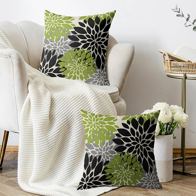 Black Lime Green Pillow Covers 18X18 Inch Set of 2, Spring Summer Floral Dahlia Flower Cream Decorative Throw Pillow Covers Outdoor Modern Farmhouse Cushion Case for Home Couch Sofa Bed Decor