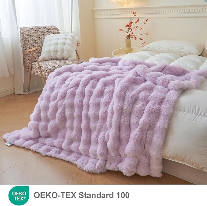 LIFEREVO Fluffy Faux Rabbit Fur Bubble Throw, Plush Shaggy Blanket for Couch Sofa Chair, Soft Cute Furry Light Purple Blanket Adult Kids Girls, Fuzzy Lap Throw for Bedroom Living Room, 50x60, Lavender