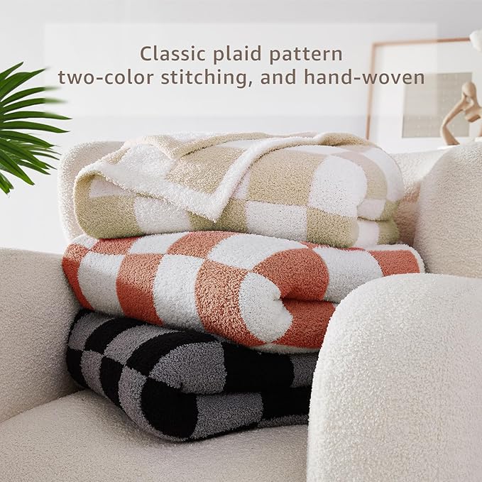 WRENSONGE Checkered Throw Blanket, Autumn Leaf Orange Soft Cozy Fluffy Warm Hand Made Throw Blankets for Couch, Sofa, Chair, Bed, Camping, Picnic, Travel Lightweight Bed Blanket - 50"*70"