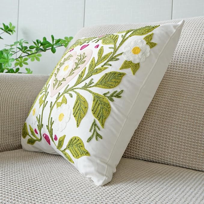 vctops Heart Flower Embroidered Decorative Throw Pillow Cover Spring Summer Floral Square Pillow Cases Cute Cotton Cushion Cover for Couch Sofa Bed (Flower E,18"x18")
