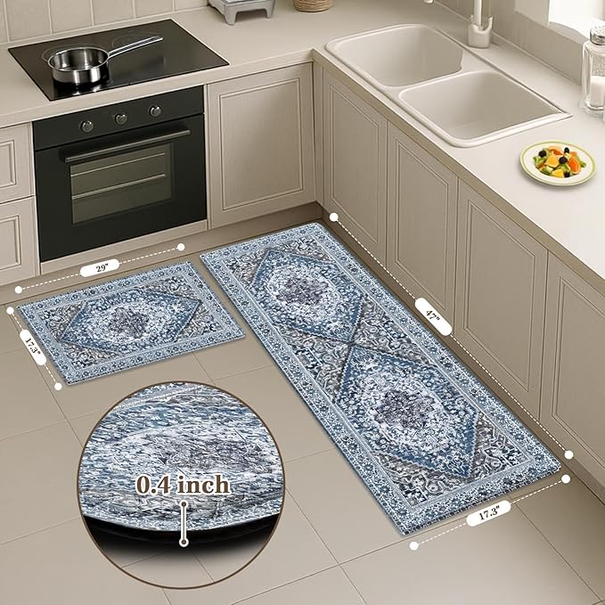 Arttown Kitchen Mats for Floor 2Pcs-Anti Fatigue Non Slip Mats for Kitchen Floor, Cushioned Waterproof & Stain-Resistant Boho Mat Set, Laundry Room, Office, Sink, Desk (Blue)