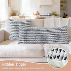 Boho Chenille Tufted Pillow Cover 14x36 Inch Set of 1, Farmhouse Striped Decorative Pillow Covers Accent Fluffy Neutral Long Body Bolster Pillow for Couch Sofa Bedroom Living Room, Black White