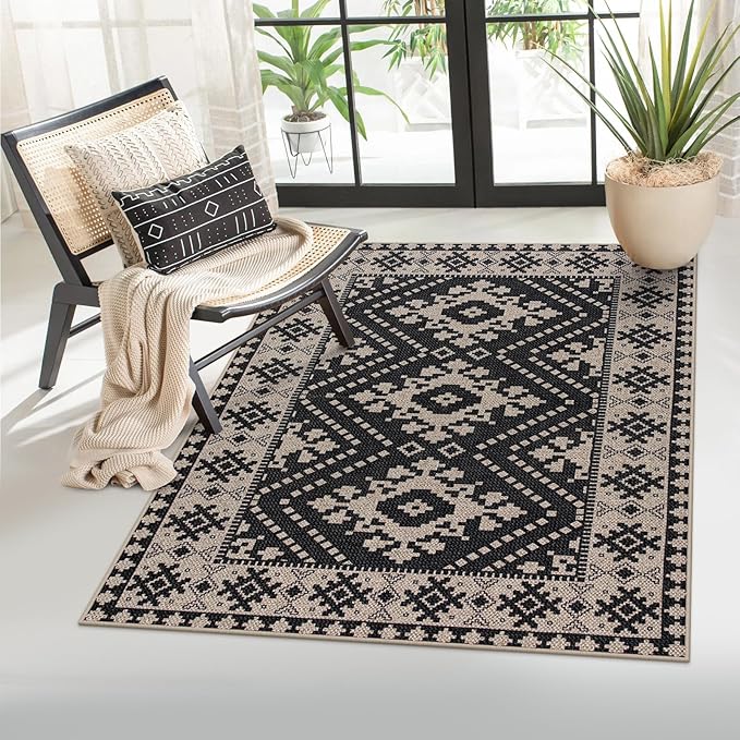 Lahome Bijou Moroccan Easy Jute 3x5 Entryway Rug, Indoor Outdoor Patio Rug 3x5 Farmhouse Black Washable Living Room Carpet, Non Slip Indoor Outdoor Carpet for Patio Courtyard Deck